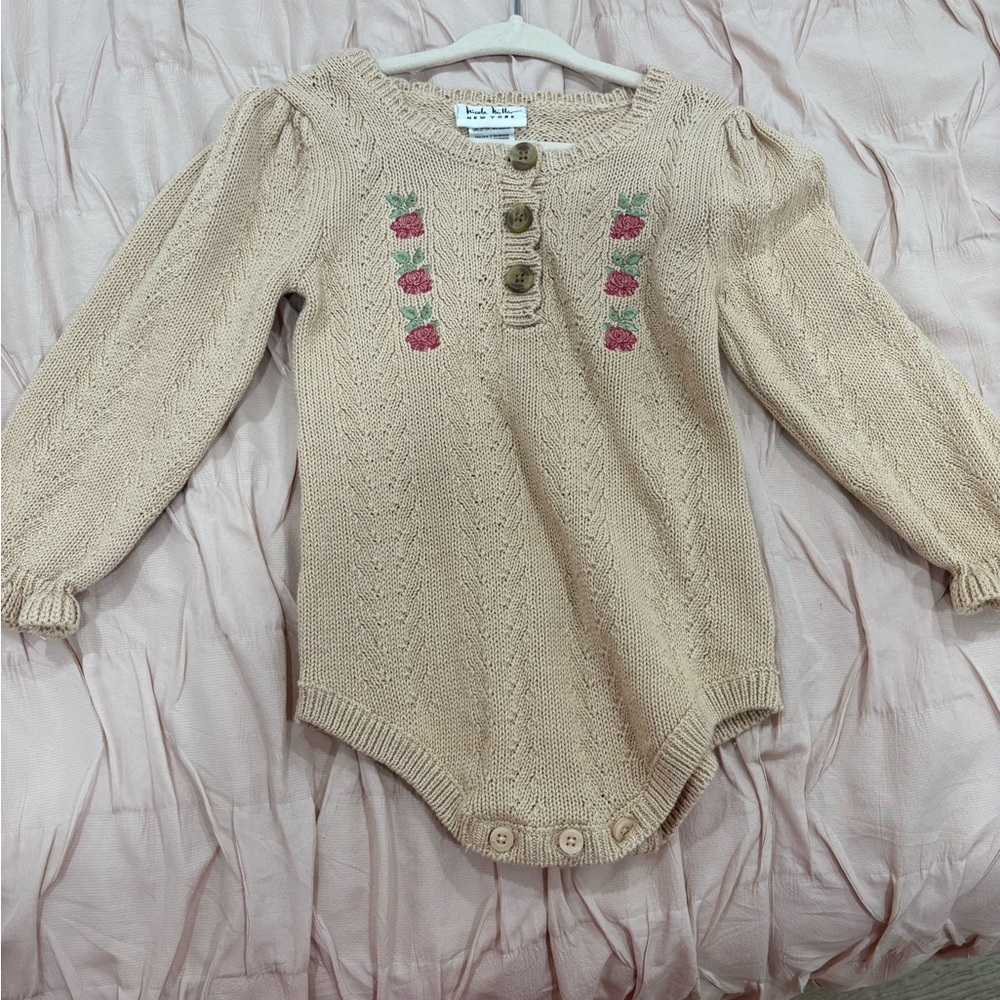 Nicole Miller Beige Knit Baby One-Piece with Pink Rose Embroidery